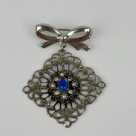 Vintage Silver Tone Bow Dangle Brooch Filigree Blue Cabochon Rhinestones - Picture 2 of 4